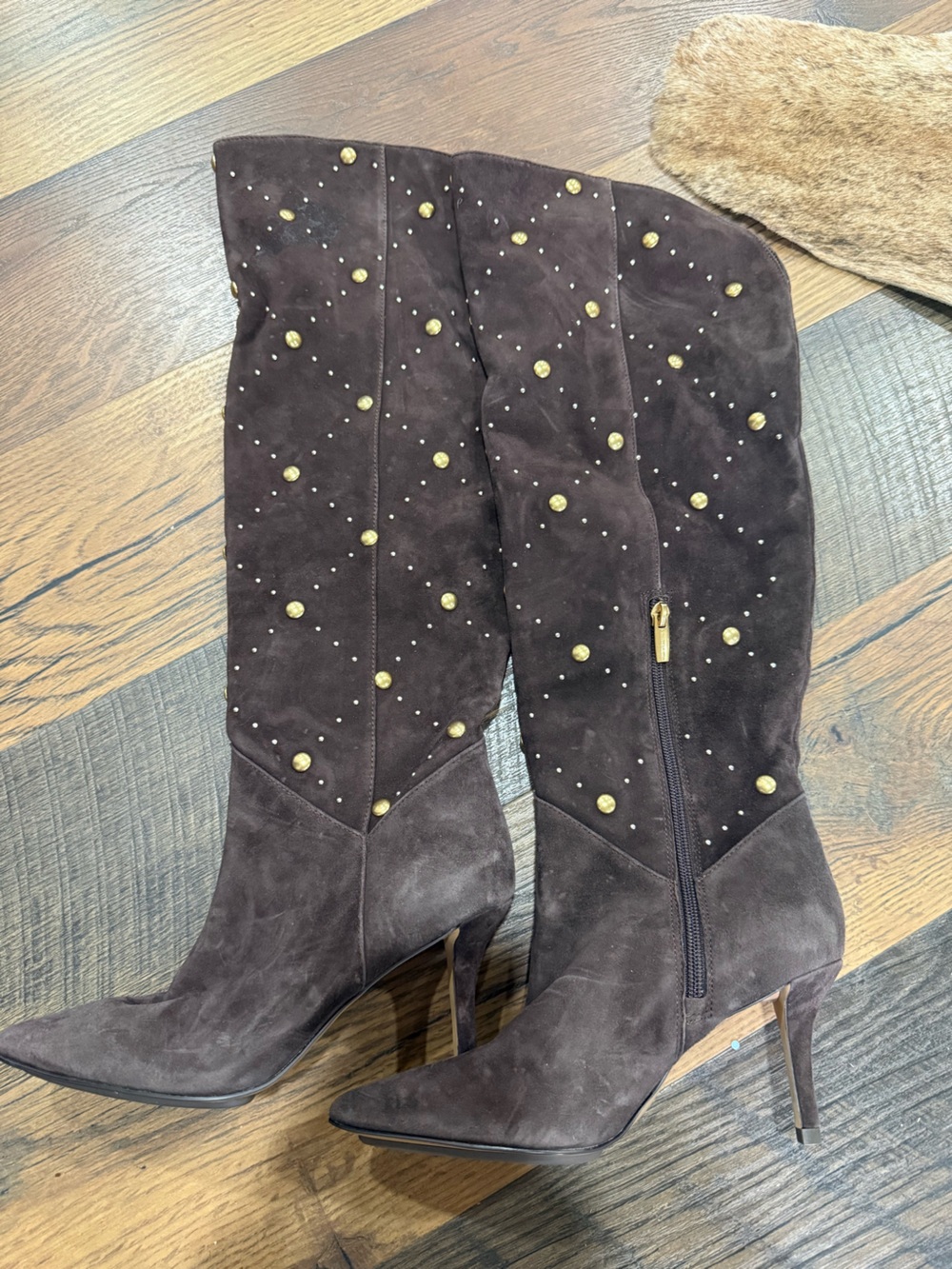 Vince Camuto Brown Suede Studded Knee-High Heeled Boots